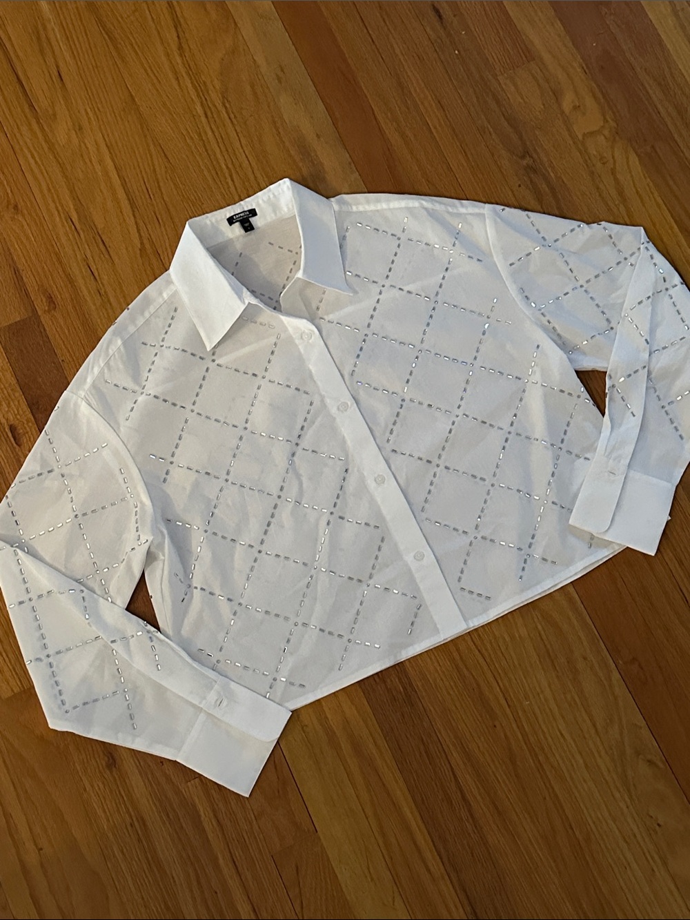 Express White Semi-Sheer Button-Up Beaded Shirt S